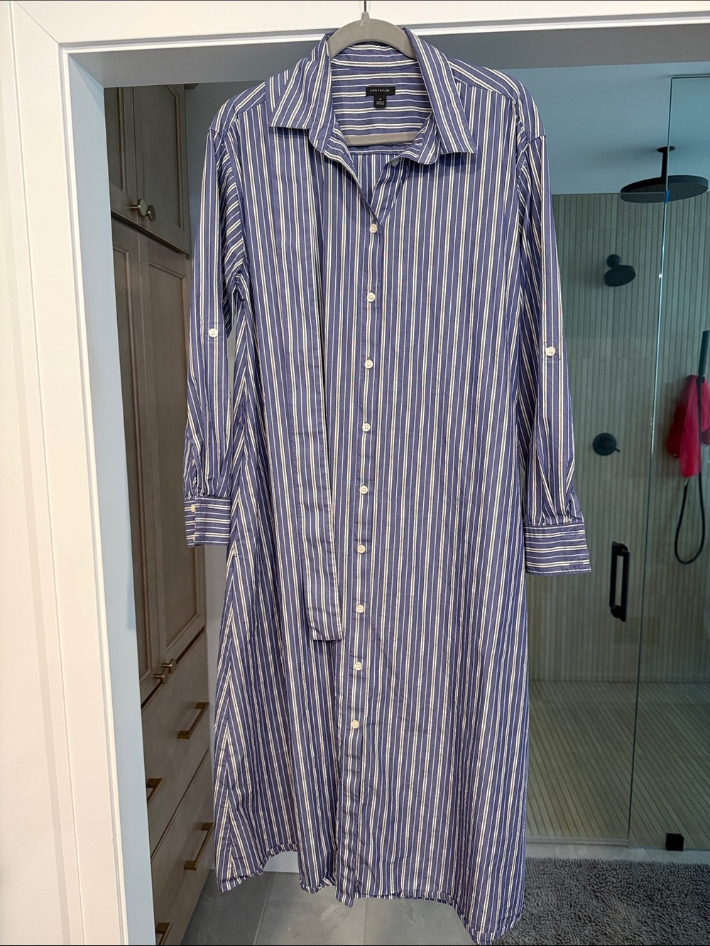 Ann Taylor Blue and White Striped Long Sleeve Shirt Dress